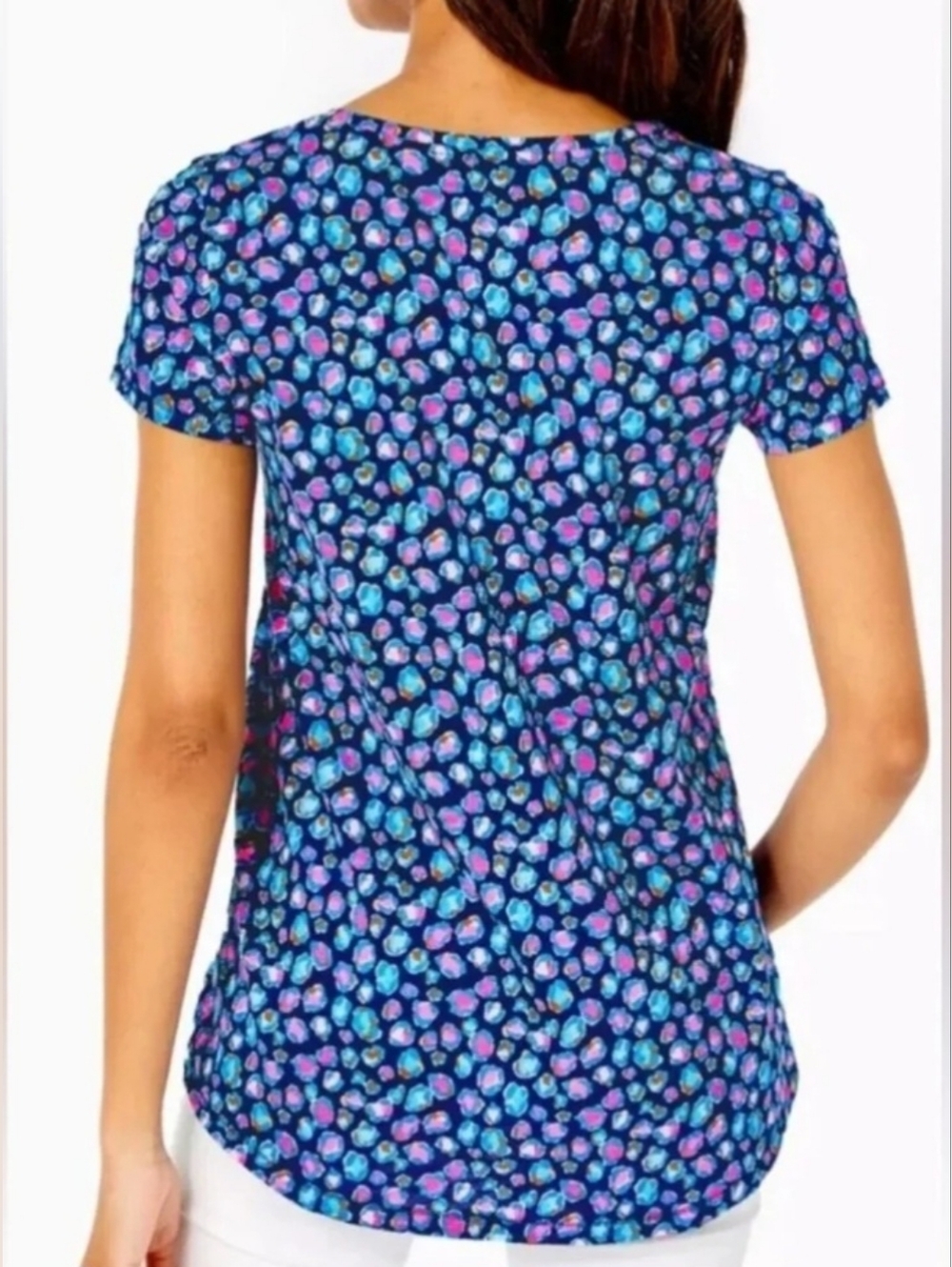 Lilly Pulitzer Etta V-Neck Seabreeze Blue Low Tide Navy Spotted Top Size XXS - Picture 2 of 9